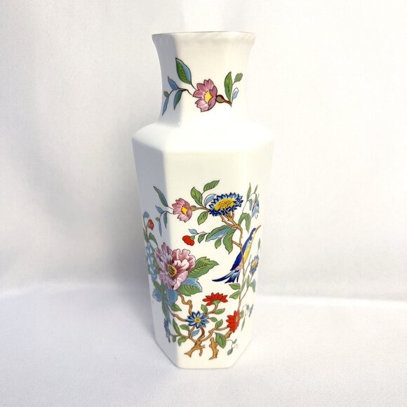 Aynsley Pembroke Vintage Vase Fine Bone China England Floral Bird Hexagonal 7” - Picture 1 of 10